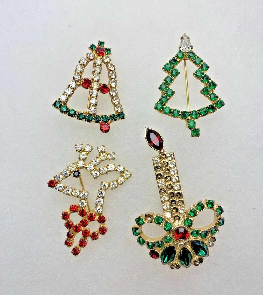 Vintage Christmas Brooch Lot 4 Pc Rhinestone Gold Tone Tree Candle Reindeer Bell